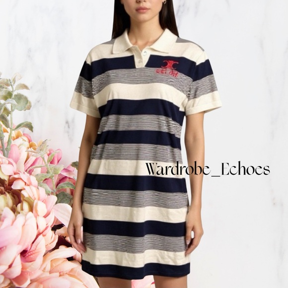 Celine Triomphe Logo Mini Polo Dress Black & White Striped Extremely Rare Find!